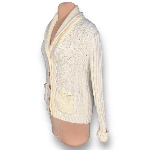 Cream Cable Knit Shawl Collar Cardigan Sweater Wood Buttons Front Pockets Medium - Picture 3 of 11